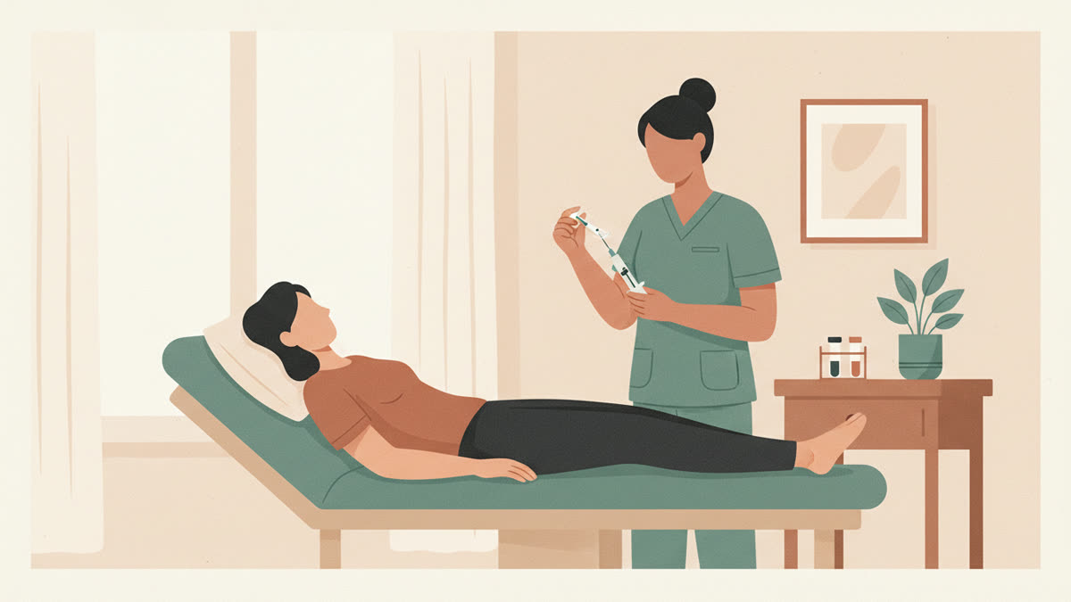 Женщина в светлой процедурной лежит на кушетке, отвернувшись от медсестры, и смотрит в потолок