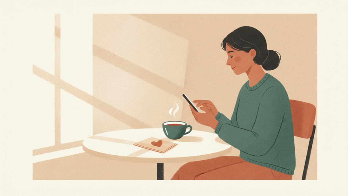 Женщина с улыбкой пишет сообщение в телефоне, рядом чашка кофе и маленькое сердце на салфетке